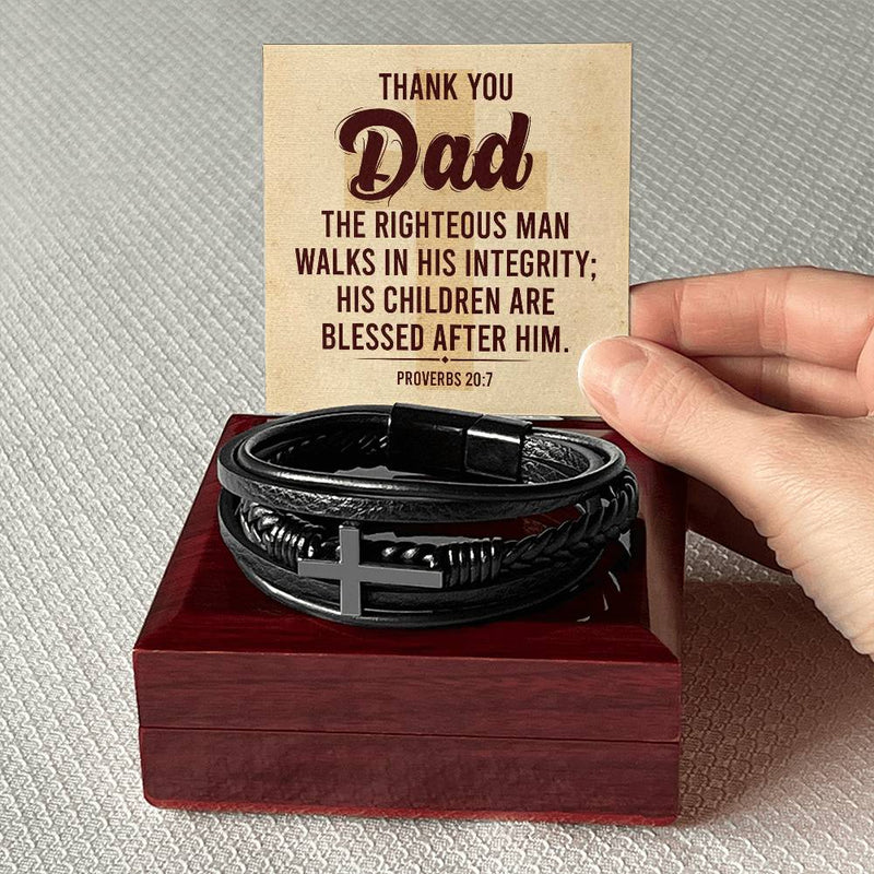 Proverbs 20:7 - Leather Cross Bracelet